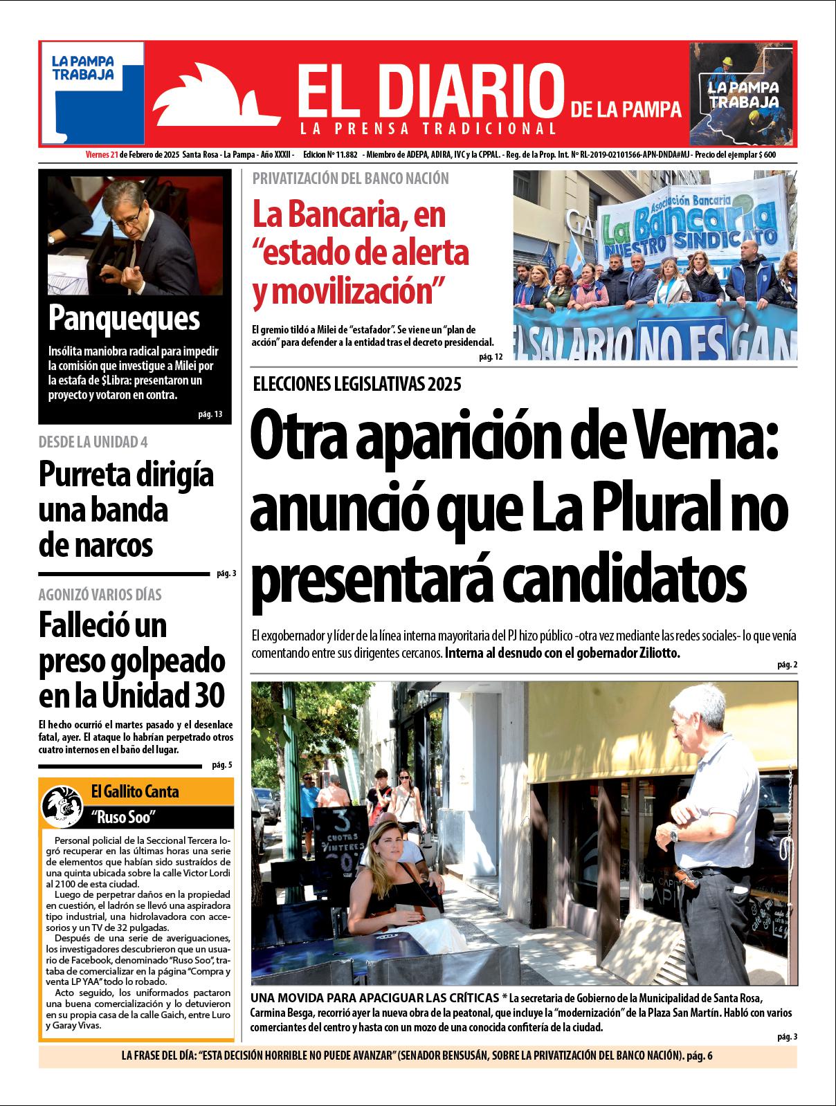 Tapa de El Diario en papel  viernes 21 de febrero de 2025